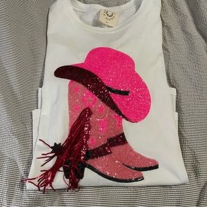 Fantastic Fawn Pink Sequin Cowgirl Boot Oversized Tee